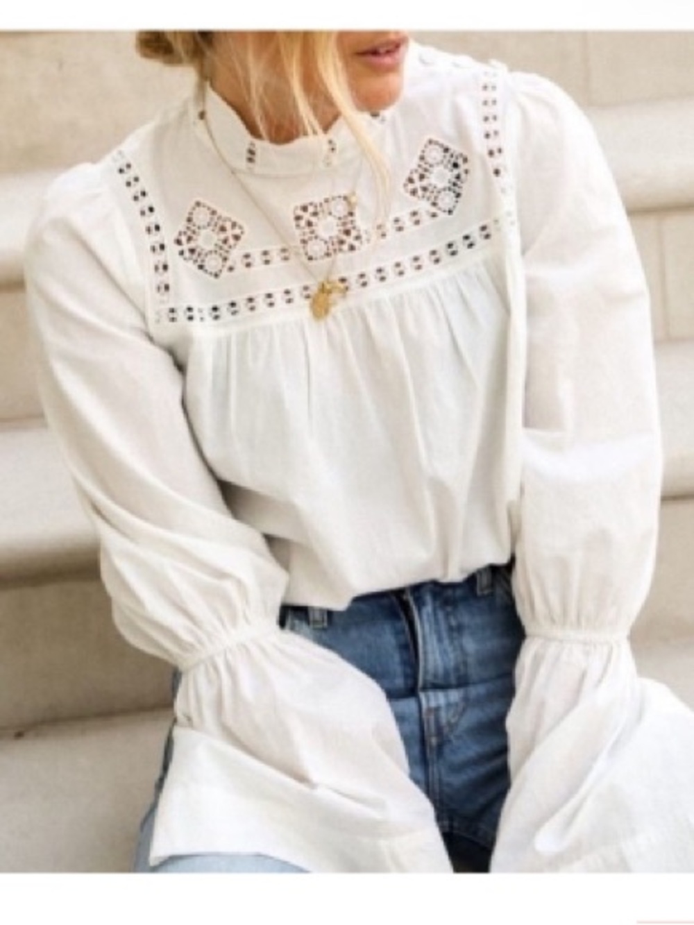 Free People White Lace-Trim Ruffled Collar Cutwork Yoke Blouse